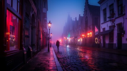 Obraz premium Cobblestone street in an old town during a foggy night with ambient lighting, Bruges, Belgium