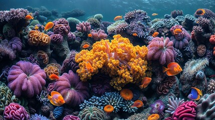 Coral ecosystem underwater image with sea anemones of vivid colors