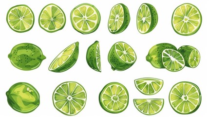 Set of freshly cut green limes citrus fruits sliced into halves ready for sale on photo stock