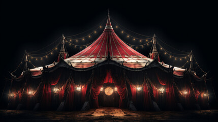 A large circus tent with lights hanging from the top