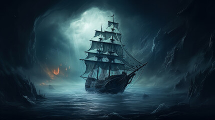 Ghost ship in ocean with a foggy atmosphere, Halloween background