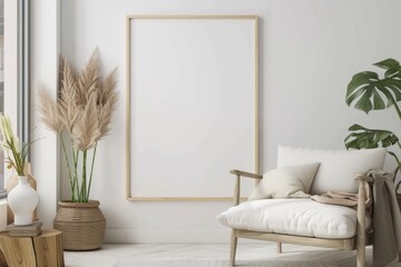 Scandinavian style living room with poster mockup created with generative ai