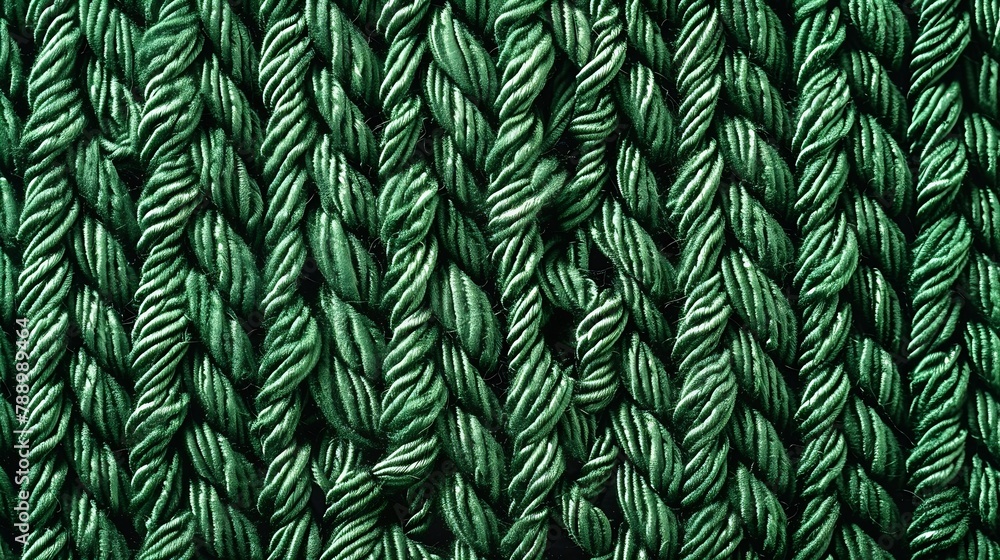 Leinwandbilder Woven green wool fabric texture Hand knitted textile canvas background Patchwork carpet backdrop Factory material threads Abstract design Closeup mockup top view : Generative AI