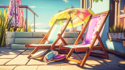 Multi-colored sun loungers with umbrellas by the pool near the house. AI generated.