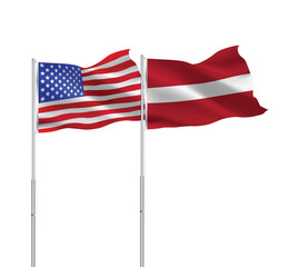 American and Latvia flags together.USA,Latvia flags on pole