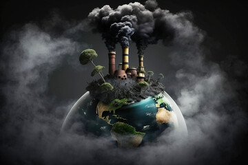 Save planet, smoke from chimney on globe, black background, isolate. AI generated.