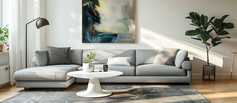 A photograph showing a white table placed on a carpet in a living room with a grey sofa, painting, and lamp.