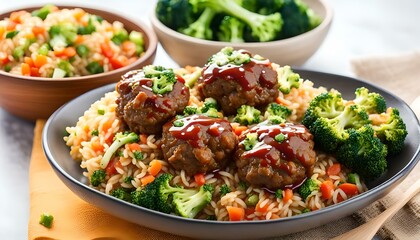 Homemade meatballs with fried rice and broccoli salad, portion for lunch or dinner. 
