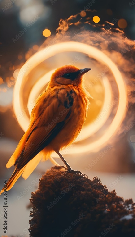 Poster AI generated illustration of a yellow bird with glowing lights in the backdrop