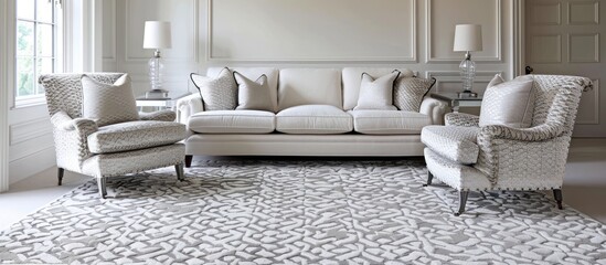 Large white room with a patterned carpet, sofa, and armchair. - obrazy, fototapety, plakaty