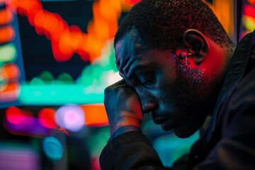 A person frustrated /depressed looking at a downtrend financial chart - obrazy, fototapety, plakaty