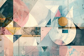 Abstract Geometry texture. Modern futuristic background with geometric shapes, triangles, circles, and squares. Light pastel colors. Suit for cover, poster, banner, website. Seamless geometric pattern