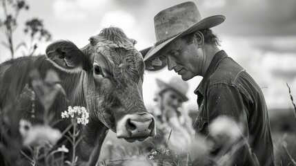 A captivating black and white photograph captures a male and a female farmer tending to their herd as they affectionately rub a vibrant organic cow on their farm