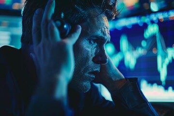A person frustrated /depressed looking at a downtrend financial chart - obrazy, fototapety, plakaty