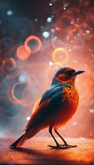 AI generated illustration of a solitary bird perched against bright orange lights