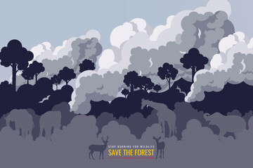 Stop the burning of forests to preserve forests and wildlife, the concept of environmental conservation in the world of forests. Vector illustration and flat design.
