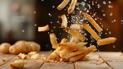 Tasty golden potato fries soaring in the air - delicious fast food snack for purchase and download