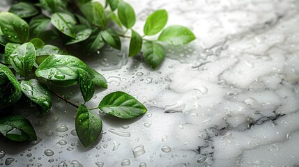 Fresh Green Leaves with Dew on White Marble, Serene Nature Background - Powered by Adobe