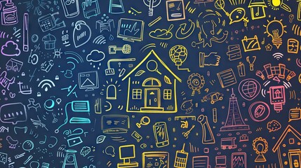 Smart home automation and internet of things (IoT) concept: digital network integration, intelligent system icons on a dark blue background – vector illustration