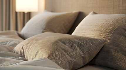 Close up side view of the pillows and headboard of an empty double bed with brown and beige linen :...
