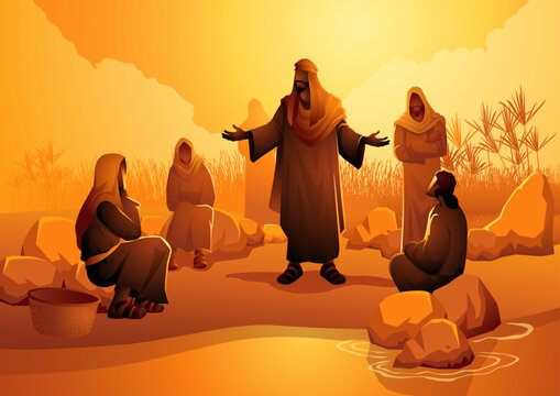 Biblical vector illustration series, Paul and his companions meet Lydia in Philippi while spreading Christ's message. Lydia converts and warmly hosts them and fellow believers