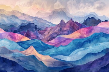 Mountain landscape watercolor painting illustration with line art pattern. Abstract contemporary aesthetic backgrounds landscapes