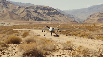 High-tech military drone being tested in a desert landscape - obrazy, fototapety, plakaty