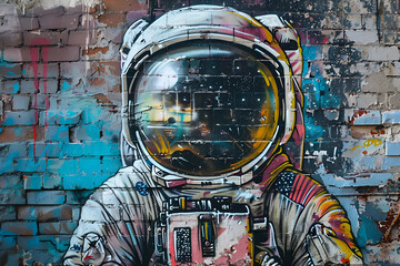 Naklejka premium graffiti on the wall with astronaout