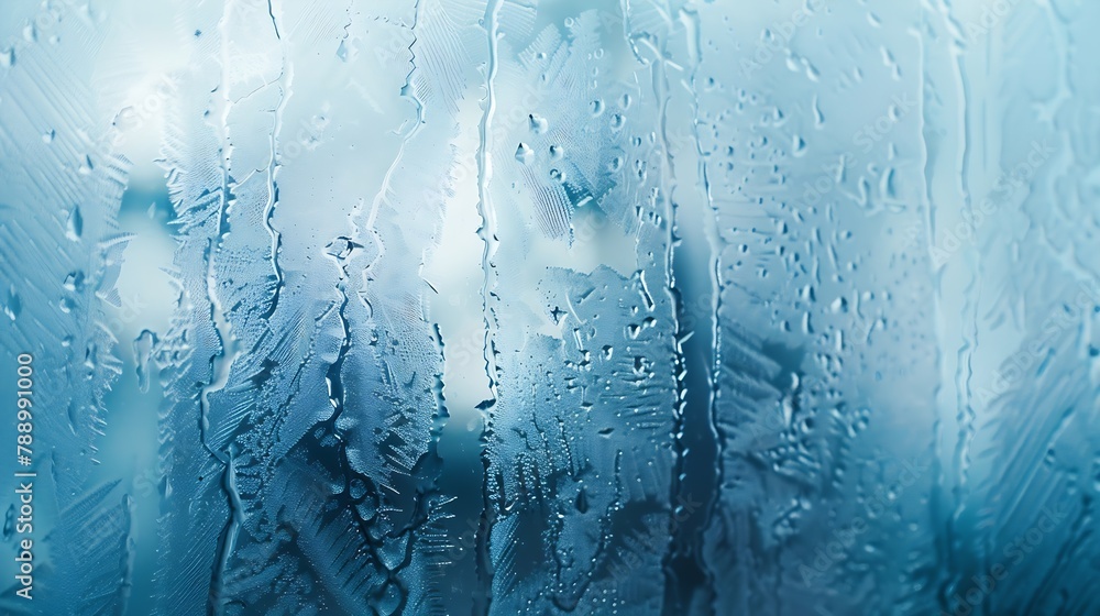 Leinwandbilder frozen rain drops on a window with a blurry snowy view ice and water on the window closeup : generat