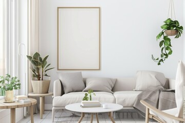 Scandinavian style living room with poster mockup created with generative ai
