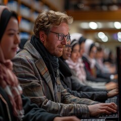 Obraz premium Group of Diverse Individuals Focused on Their Computers in a Library Setting