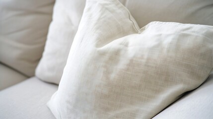 Obraz premium Close up light fabric sofa with light grey pillow in warm cozy home interior background Pillows on white sofa room decoration background : Generative AI