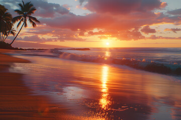 Fototapeta na wymiar Tropical Beachscape during Golden Hour - Majestic Colorful Sunset by the Ocean