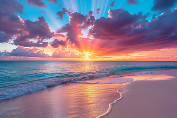 beach at sunset with colorful sky and sun crepuscular rays.