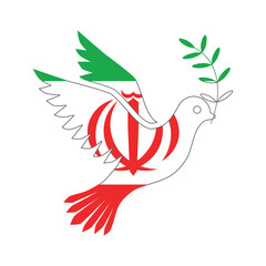 The dove of peace in the colors of the flag of Iran. A pigeon is a bird, a symbol of peace, with an olive branch in its beak. Vector illustration.