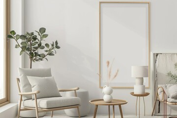 Scandinavian style living room with poster mockup created with generative ai