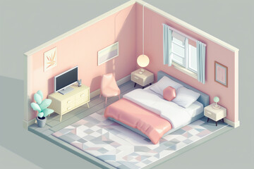 Pastel isometric bedroom. minimalist isometric view.