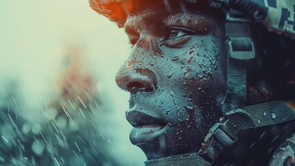Powerful tribute to military service depicted through double exposure of soldier, symbolizing the juxtaposition of war and peace. Ample copy space for versatile use.