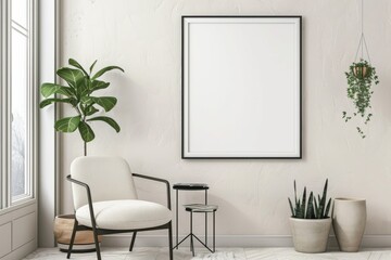 Scandinavian style living room with poster mockup created with generative ai