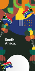 Obraz premium South Africa National Independence Day stand banner. Modern geometric abstract background in colorful style for South Africa day. South African Independence greeting card cover with country flag.