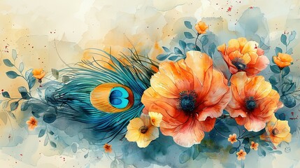 Watercolor style illustration for vishu with peacock feather and yellow flowers