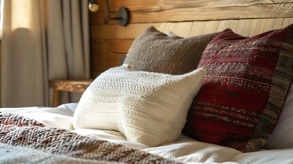 Rustic bedroom interior design with pillows on bed and decorative wood bed closeup : Generative AI