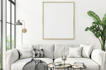 Scandinavian style living room with poster mockup created with generative ai