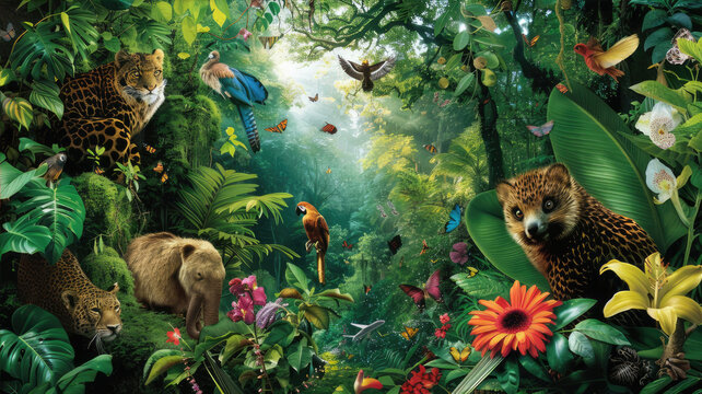 A painting of a jungle with big cats, trees, and lush vegetation