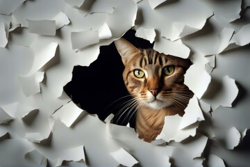 isolated paper side torn cat looking hole play wall postcard playful adorable beautiful british felino studio young pretty lovable pet big hair - obrazy, fototapety, plakaty