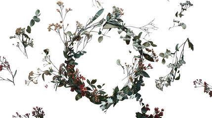  A wreath of flowers and leaves in the clip art style on a white background  