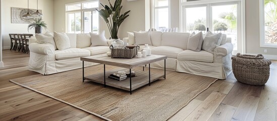 Obraz premium Living room area has hardwood flooring.