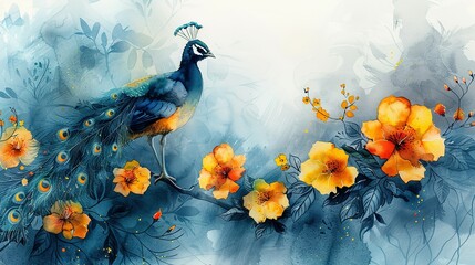 Watercolor style illustration for vishu with peacock feather and yellow flowers