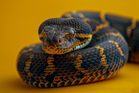 Coiled Black and Yellow Python on a Vibrant Background