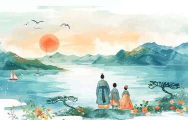 a painting of two people looking out at the ocean